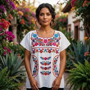 Mexican Embroidered Blouse – Handmade Otomi Floral design  EXL